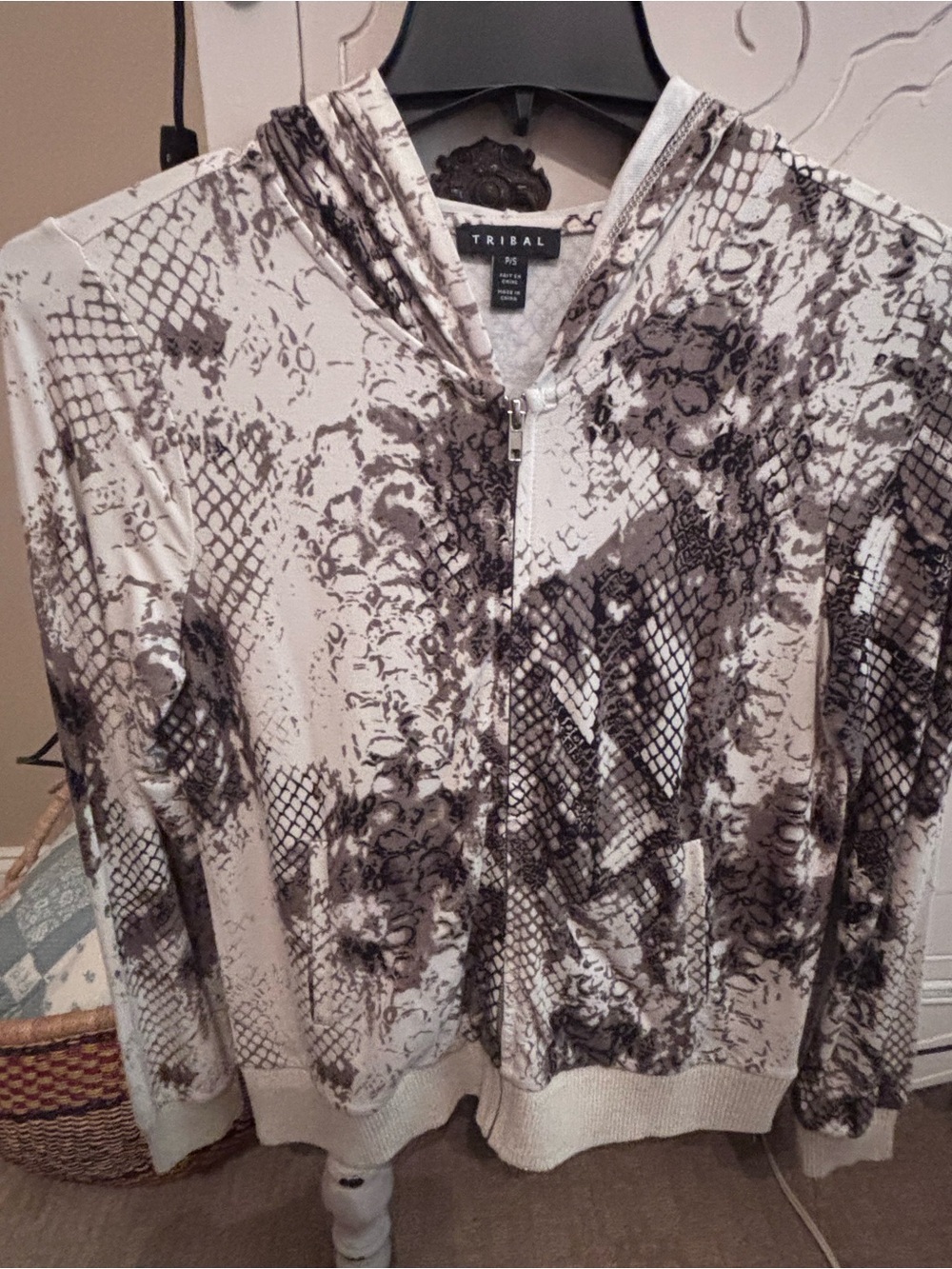 Tribal Zip Hoodie in Ivory with Gray Snake-Print